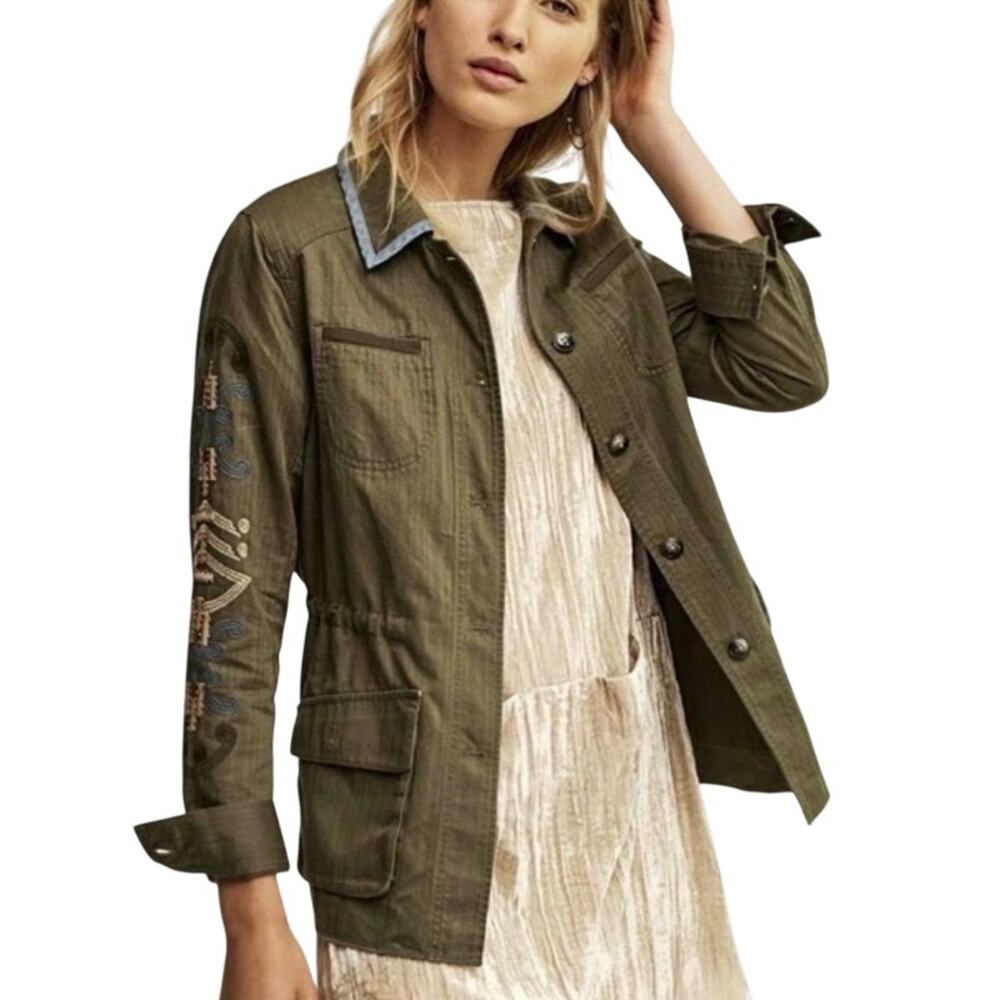 Anthropologie HEI HEI Embroidered Utility Jacket Sz XS Button Studded Boho Indie